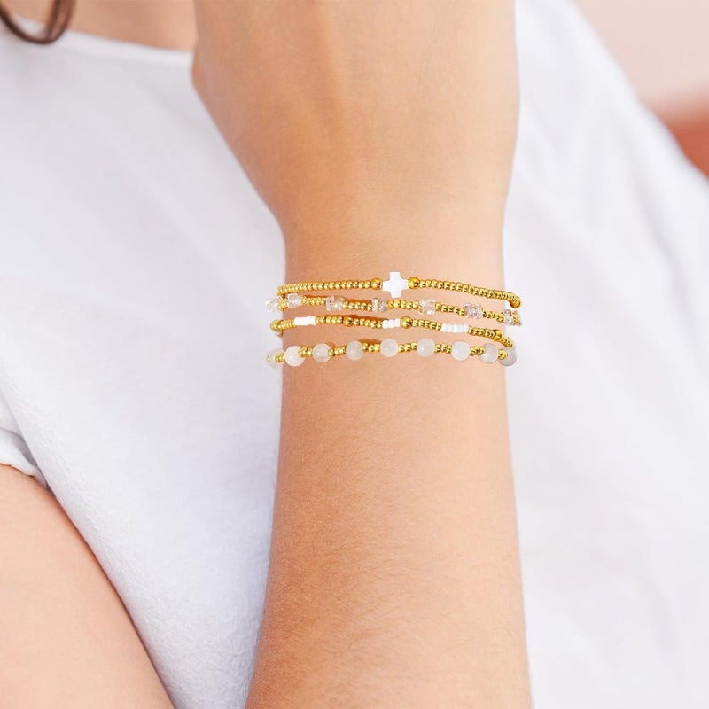Pymach Store Dainty Gold Plated Pearl Crystal Beaded Bracelets Set for Women 14K Gold Plated Bead Pearl Beads Bracelet Stackable Paperclip Link Chain Bracelets Gold Plated Bracelets for Women Trendy Jewelry - Image 4